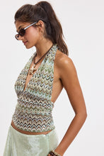 Load image into Gallery viewer, Vibrant Olive Chevron Halter Tie Sequin Crop Top
