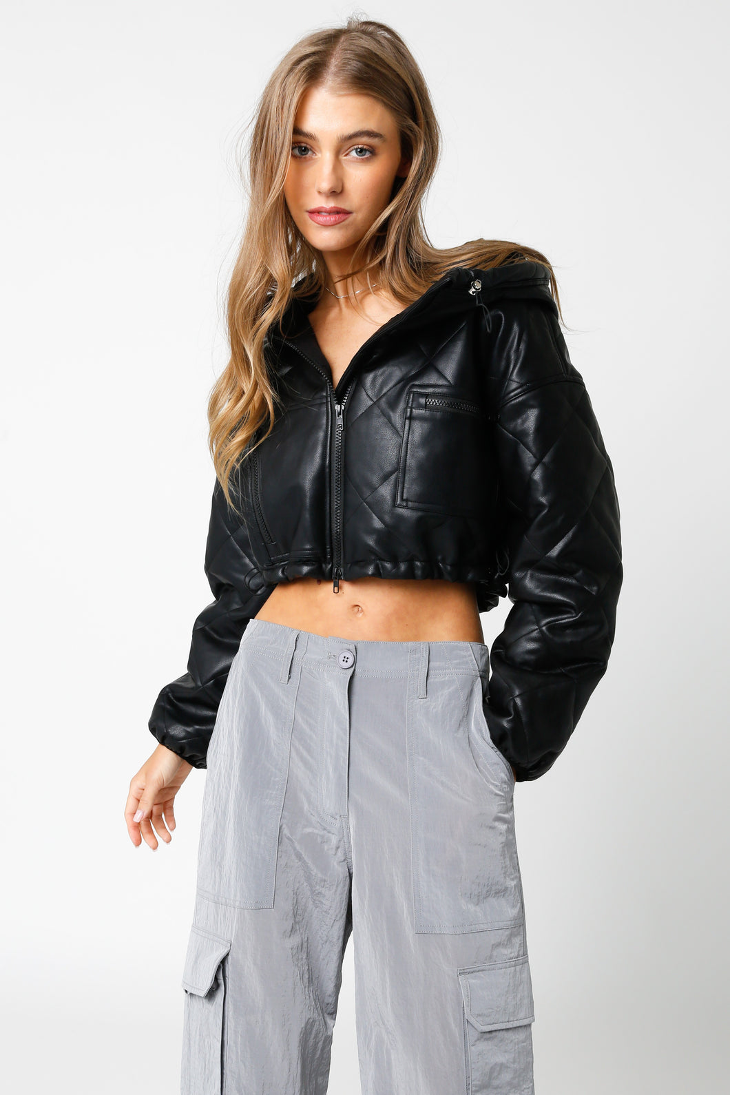 OLIVACEOUS VEGAN LEATHER BOMBER