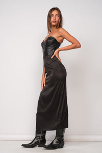Leather Top Satin Midi Dress