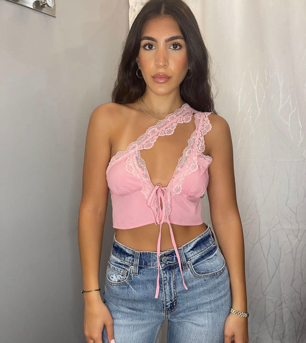 Pink One Shoulder Lace Top