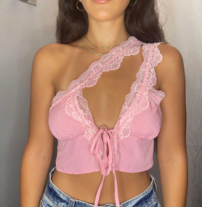 Pink One Shoulder Lace Top