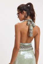 Load image into Gallery viewer, Vibrant Olive Chevron Halter Tie Sequin Crop Top

