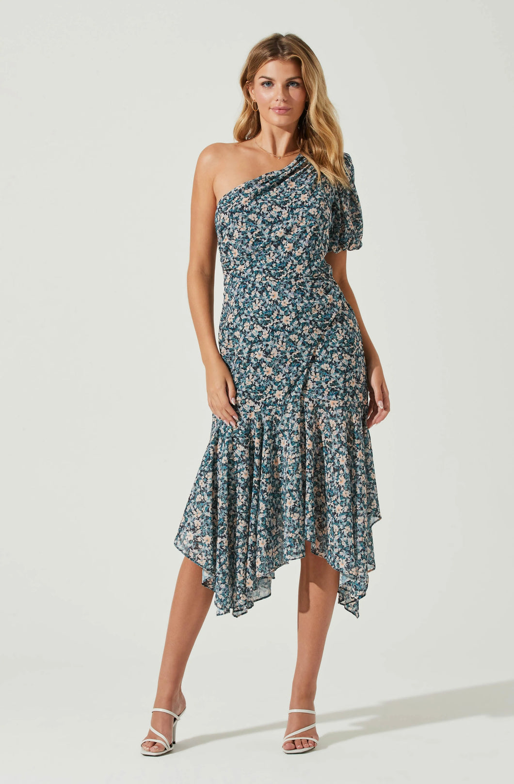 astr santorini one shoulder midi dress ASTR the Label Santorini Floral One Shoulder Dress in Black-Ivory Floral at Nordstrom, Size Small